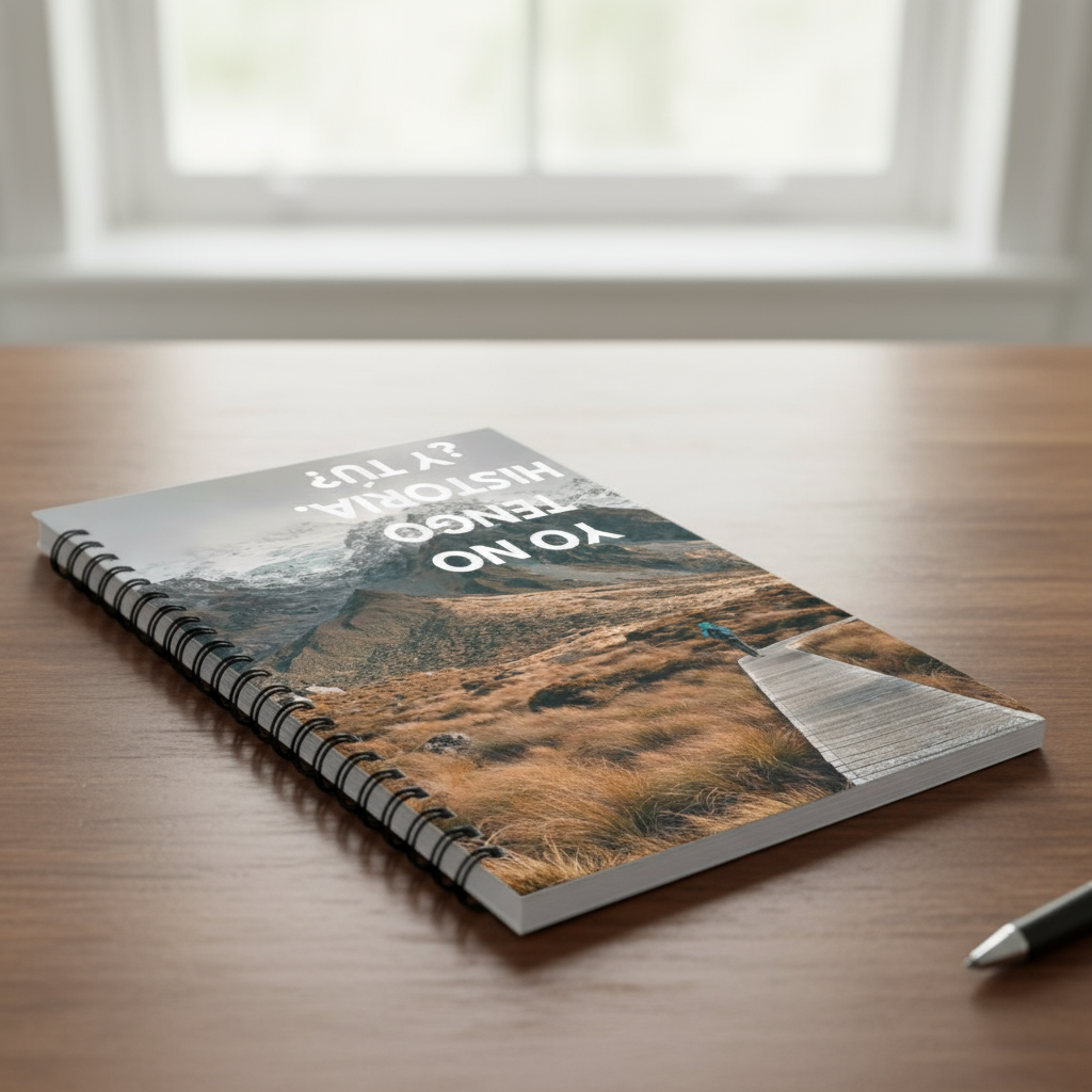 Cuaderno de tapa blanda con espiral, sobre una mesa de madera junto a un bolígrafo.